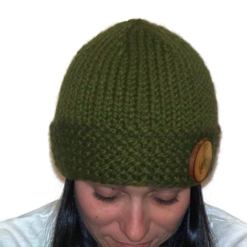 Warm Winter Beanie Hat Cilantro with Wooden Button