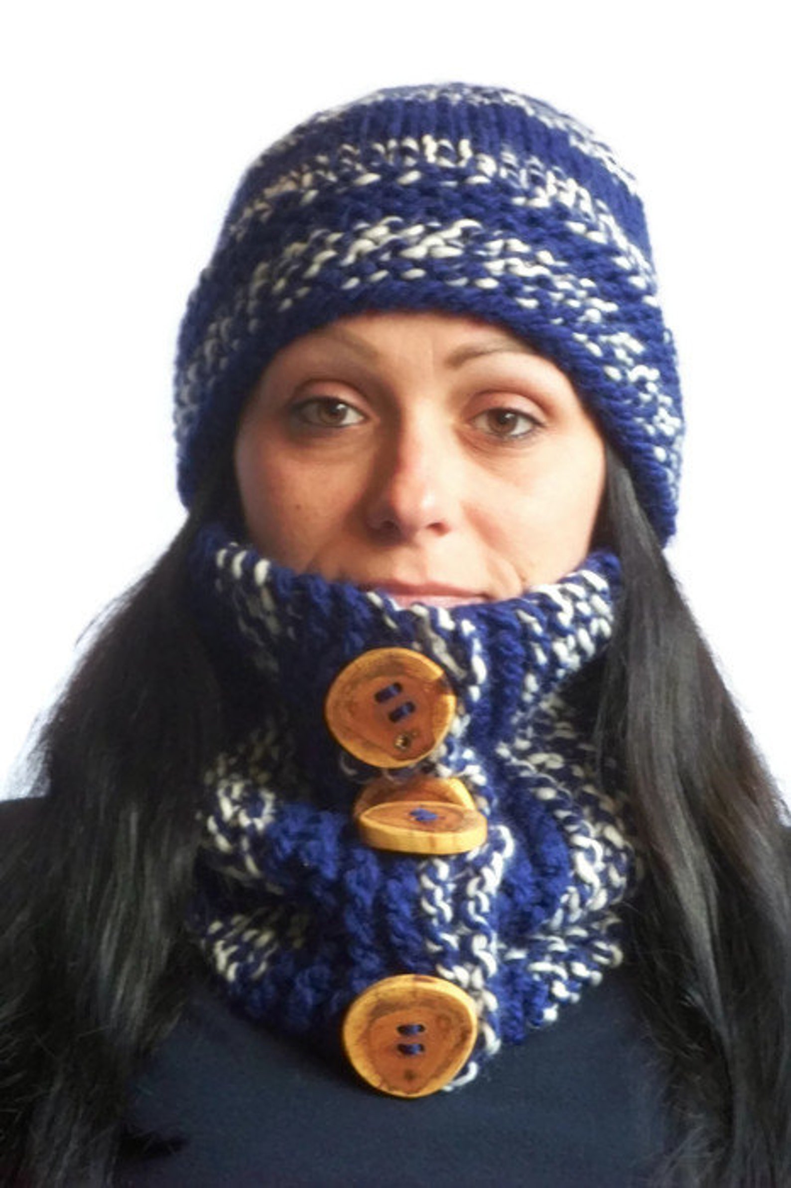 Beanie Hat Warm Winter Hat Blue & White Bulky Etsy
