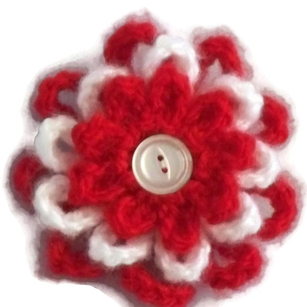 Crochet Flower Brooch, Red, White