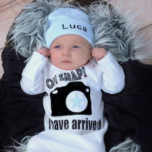 Personalized Newborn Boy Outfit: Coming Home Gown & Beanie Set