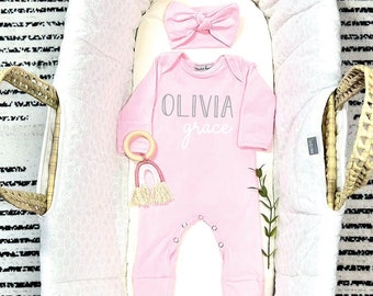 Personalized Baby Girl Coming Home Outfit: Pink Romper & Headband Set