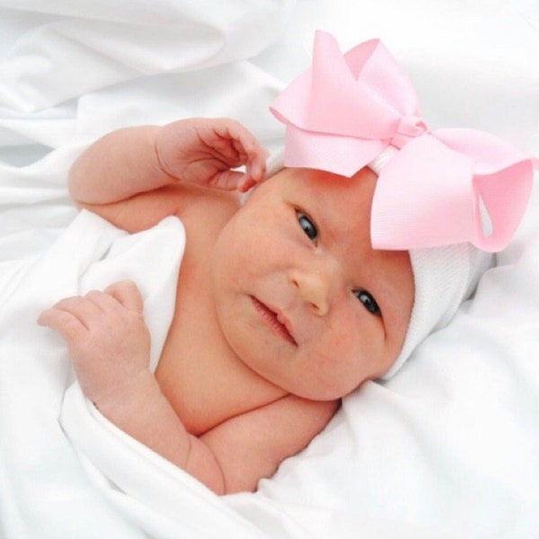 Newborn Girl Hat with Grosgrain Bow: Baby Beanie, Coming Home Outfit