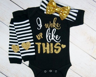 Baby Girl Clothes, Baby Girl Gift Set Gold Black Baby Headband Leg Warmer Baby Girl Outfit I Woke Up Like This Newborn Toddler