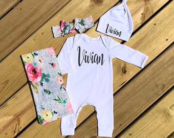 Personalized Newborn Girl Outfit: Floral Swaddle Blanket, Romper, and Hat