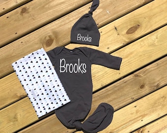 Personalized Baby Boy Knotted Gown Set: Swaddle Blanket & Hat