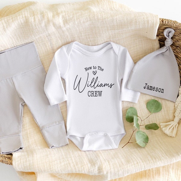 New to The Crew Gender Neutral Personalized Newborn Take Home Outfit - Bodysuit With Option To Add Pants & Hat in Multiple Color Options