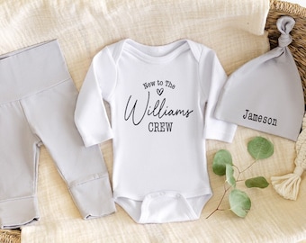 New to The Crew Gender Neutral Personalized Newborn Take Home Outfit - Bodysuit With Option To Add Pants & Hat in Multiple Color Options