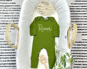 Gender Neutral Coming Home Outfit Personalized, Olive Green Baby Romper With Fold Over Hand Mitts & Feet, Gender Neutral Baby Shower Gift