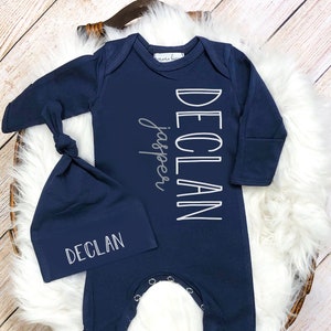 Newborn Boy Coming Home Outfit Personalized, Baby Boy Take Home Outfit, Navy Romper Fold Over Mitts & Feet, Baby Shower Gift Boy, Mama Bijou
