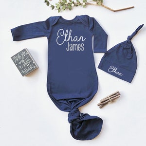 Personalized Newborn Boy Knotted Gown: Navy Baby Coming Home Outfit