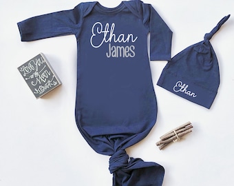 Newborn Boy Coming Home Outfit Baby Boy Clothes Personalize Baby Shower Gift Knotted Gown Newborn Boy Take Home Clothing Navy