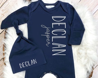 Newborn Boy Coming Home Outfit Personalized, Baby Boy Take Home Outfit, Navy Romper Fold Over Mitts & Feet, Baby Shower Gift Boy, Mama Bijou