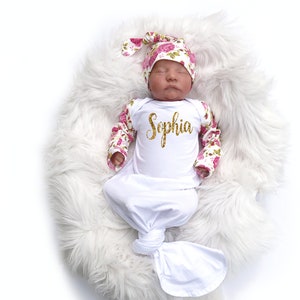 Personalized Baby Girl Knotted Gown Pink Floral Newborn Girl Coming Home Outfit Baby Girl Clothes Baby Shower Gift Girl Take Home Clothing