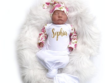 Personalized Baby Girl Knotted Gown: Pink Floral Newborn Outfit