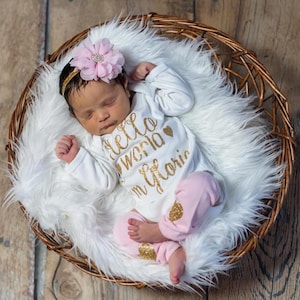 Newborn Girl Personalized Baby Girl Coming Home Outfit Baby Shower Gift Baby Girl Clothes Hello World Newborn Girl Outfit Clothing Baby Gift image 1