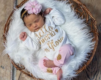 Newborn Girl Personalized Baby Girl Coming Home Outfit Baby Shower Gift Baby Girl Clothes Hello World Newborn Girl Outfit Clothing Baby Gift