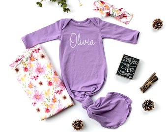 Personalized Baby Girl Knotted Gown, Newborn Girl Coming Home Outfit, Swaddle Blanket, Baby Girl Clothes, Newborn Girl Take Home, Baby Gift