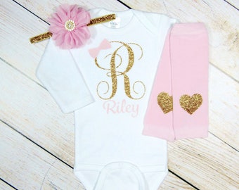 Personalized Baby Girl Outfit: Glitter Monogram Bodysuit, Newborn Clothes