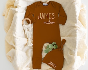 Newborn Boy Take Home Outfit, Personalized Rust Romper With Fold Over Mitts & Feet, Gift For New Baby, Newborn Photo Outfit