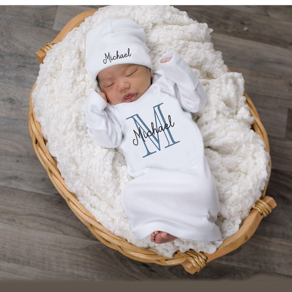 Newborn Gown Personalized Engraved Monogram, Baby Boy Coming Home Outfit, Baby Shower Gift, Newborn Boy Take Home Hospital Outfit Modern