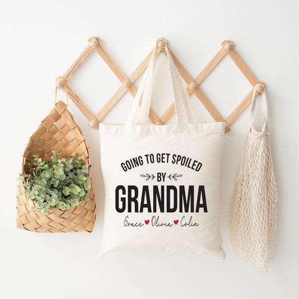 Gift for Mom or Grandma - Personalized Overnight Tote Bag Going To Get Spoiled By Grandma - Customized With Her Grandchildren's Names