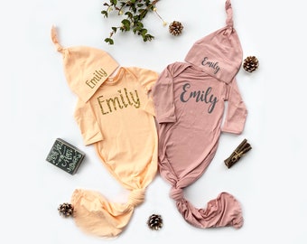 Personalized Knotted Baby Gown & Hat Set: Newborn Girl Outfit