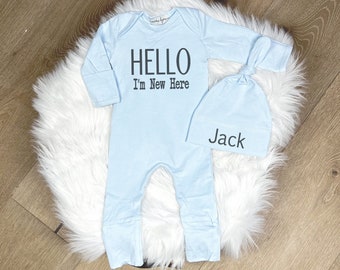 Newborn Boy Coming Home Outfit, Baby Boy Romper Light Blue Charcoal Gray, Hello I'm New Here, Newborn Boy Shower Gift, Mama Bijou