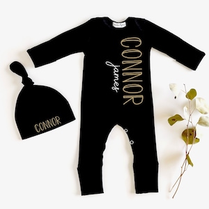 Personalized Newborn Boy Romper Outfit: Black Cotton Coming Home Outfit