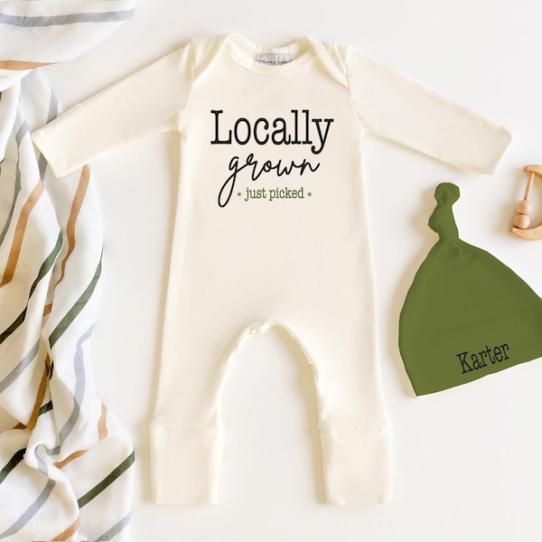 Locally Grown Just Picked Newborn Boy Coming Home Outfit, Modern Baby Olive Hat Cream Romper With Fold over Hand Mitts & Feet, Mama Bijou