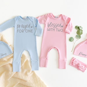Prayed For One Blessed With Two: Twin Newborn Romper Outfits Perfect Twin Boy or Girls Coming Home Outfit or Baby Shower Gift image 1