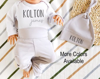 Newborn Boy Coming Home Outfit Personalized, Choose Pants & Hat Color, Fold Over Feet Option, Baby Boy Clothes Mama Bijou