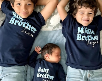 Sibling Big Little Middle Baby Brother Shirts, Matching Family Shirts, Navy Blue Sweatshirt, Tee Shirt or Romper Newborn Coming Home Outfit