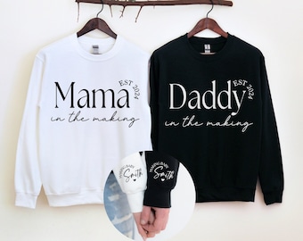 Pregnancy Announcement Shirt | Mama or Daddy in the Making Established Sweatshirt Personalized Name Sleeve | Great Gift For New Mom or Dad