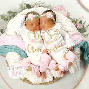 Twin Girls Baby Girl Coming Home Outfit Twin Baby Gift Newborn Twin Outfits Twin Baby Shower Gift Boho Flower Wreath Personalized Clothing