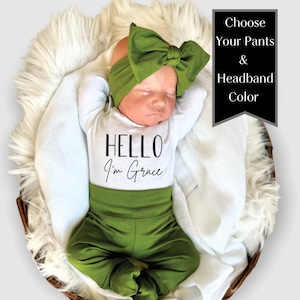 Baby Girl Coming Home Outfit, Newborn Girl Take Home Outfit, Pants With Fold Over Foot Option Baby Girl Gift Personalized Mama Bijou- Hello