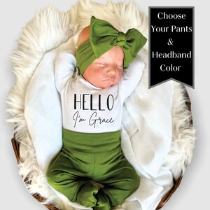 Conjunto personalizado para bebé niña que regresa a casa: Body, pantalón y diadema de "Hola"