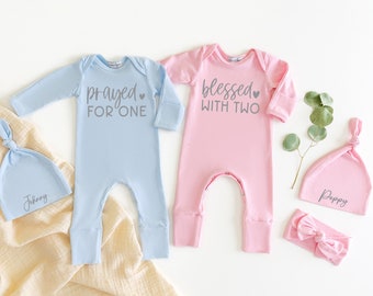 Prayed For One Blessed With Two: Twin Newborn Romper Outfits - Perfect Twin Boy or Girls Coming Home Outfit or Baby Shower Gift