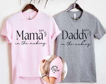 Expecting Mom Gift or Baby Shower Gift - Mama or Daddy Established Shirt With Personalized Name on Sleeve - Pregnancy Announcement Shirt