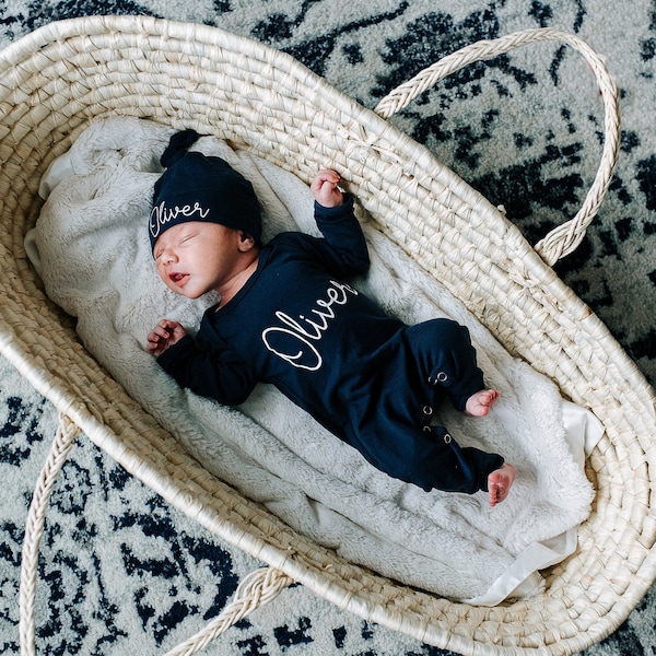 Personalized Navy Baby Romper: Newborn Coming Home Outfit