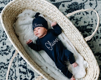 Newborn Boy Coming Home Outfit, Baby Shower Gift Boy, Personalized Baby Romper Navy, Baby Boy Clothes  - Mama Bijou