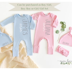 Personalized Twin Baby Coming Home Outfits - Customizable for Twin Boys, Twin Girls or Boy-Girl Newborn Twins Available in Light Pink & Blue