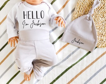 Hello Newborn Boy Coming Home Outfit Personalized, Choose Pants & Hat Color, Fold Over Feet Option, Baby Boy Clothes Mama Bijou