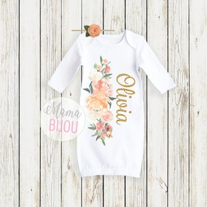 Newborn Girl Coming Home Outfit Baby Girl Gown Headband Set Swaddling Blanket Headband Set Personalized Baby Gift Peach Floral Baby