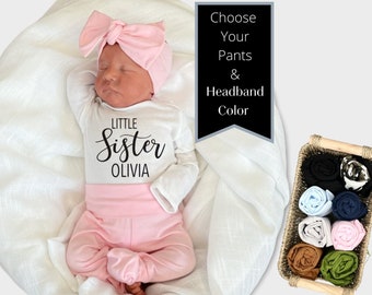 Personalized Newborn Girl Outfit: Little Sister Bodysuit, Pants & Headband