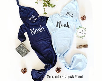 Personalized Newborn Knotted Gown and Hat Set: Baby Coming Home Outfit