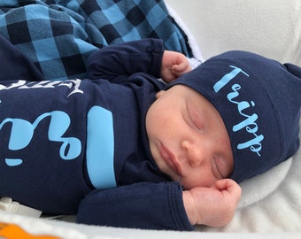 Personalized Boy Coming Home Outfit Newborn Baby Boy Clothes Baby Shower Gift Navy Blue Knotted Gown Newborn Boy Take Home Clothing