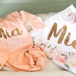 Personalized Peach Newborn Girl Outfit: Knotted Gown, Hat & Swaddle Set