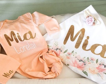 Baby Girl Coming Home Outfit Newborn Girl Clothes Personalized Baby Shower Gift Peach Knotted Gown Newborn Girl Swaddle Take Home Outfit