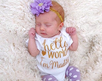 Newborn Girl Personalized Outfit Hello World Lavender Gold Glitter Heart Headband Leg Warmers Baby Girl Coming Home Outfit Gift Take Home
