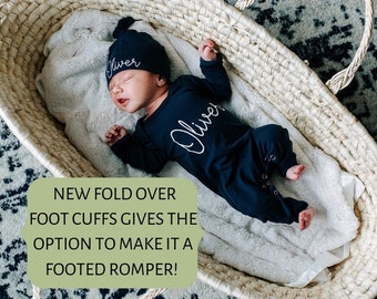 Baby Boy Coming Home Outfit Personalized, Navy Baby Romper, Baby Shower Gift Boy, Footed Romper With Fold Over Hand Mitts & Feet Mama Bijou